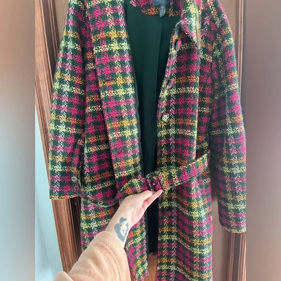ModCloth Green and Pink Plaid Car Coat-XL - Picture 4 of 6